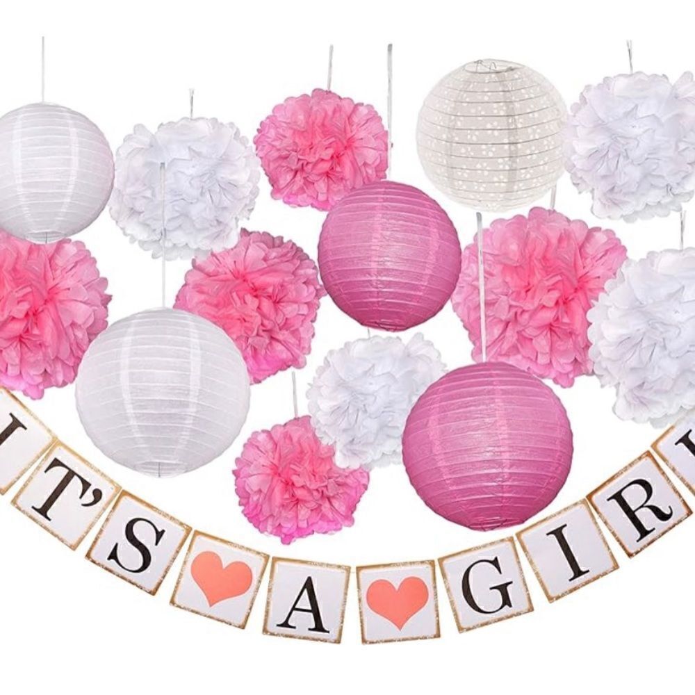 Baby Shower Banner for Girls Flower Lantern Decorations - It's a Girl Banner, Pa